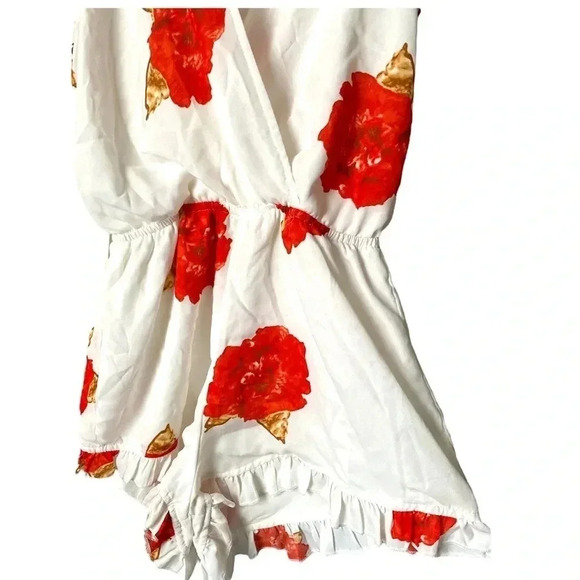 BLNK | White Red Rose Print Plugging Neck  Frilled Hem Sleeveless Romper Size S - Picture 6 of 9